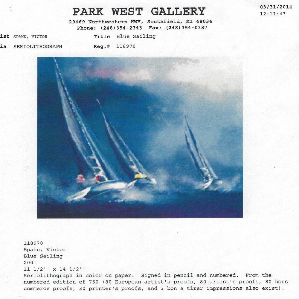 "Blue Sailing" by Victor Spahn Seriolithograph - Picture 8 of 8